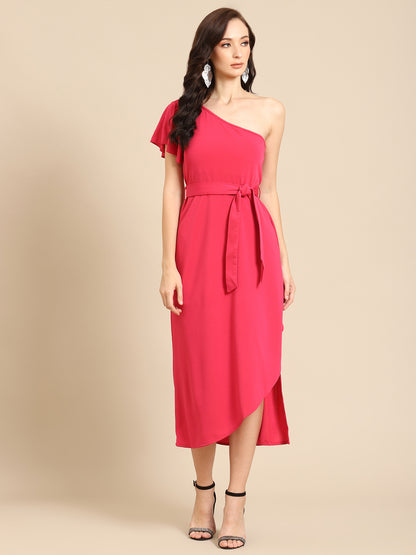 Elegant One-Shoulder Pink Midi Dress with Waist Tie – Perfect for Parties & Events
