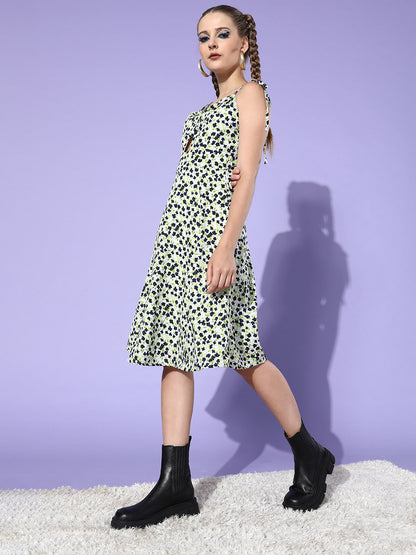 Green Floral Cut-Out Dress Trendy Tie-Strap Summer Style with Front Keyhole