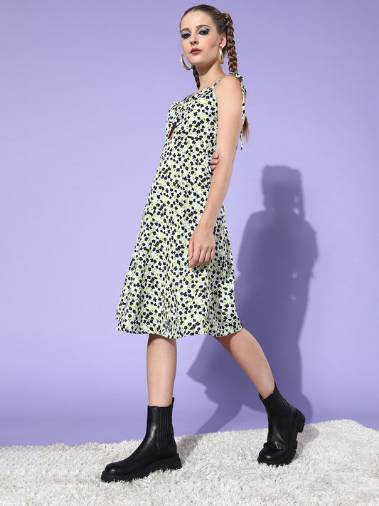 Green Floral Cut-Out Dress Trendy Tie-Strap Summer Style with Front Keyhole