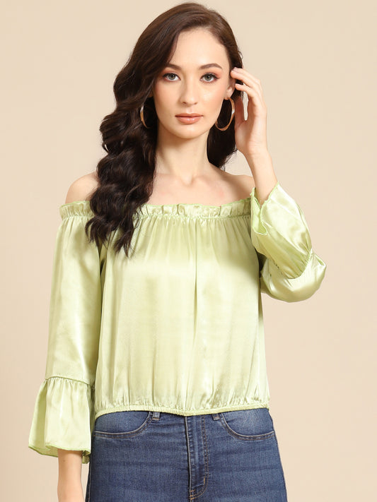 Light Green Off Shoulder Satin Top for Women | Flared Sleeve Stylish Blouse