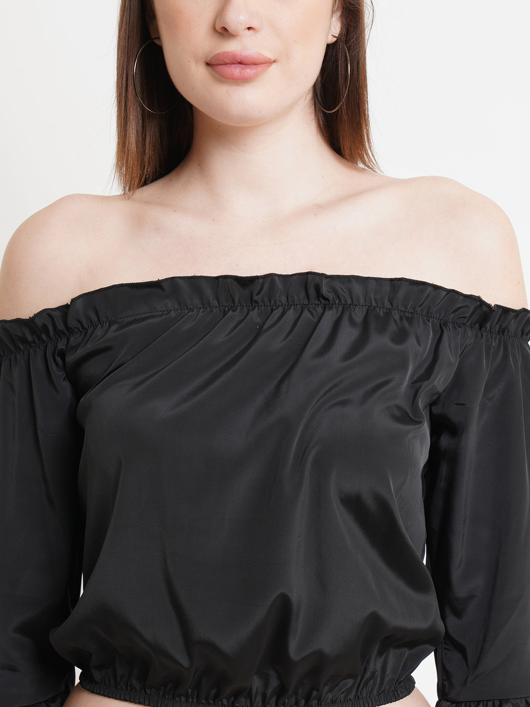Women's Black Off-Shoulder Satin Crop Top with Flared Sleeves