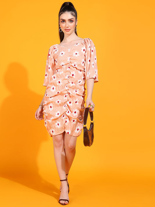 Peach Floral Ruched Mini Dress with Puff Sleeves | Summer Casual Wear