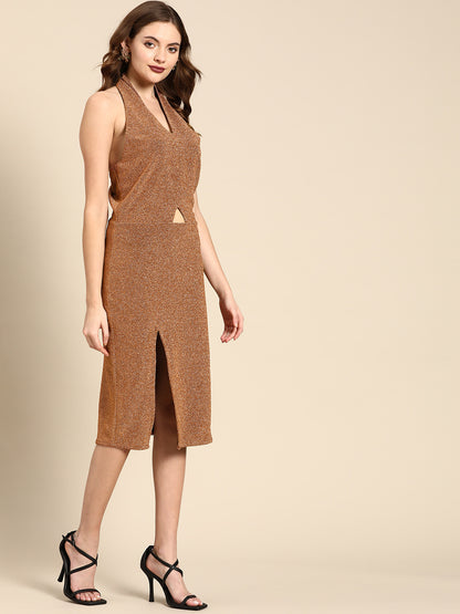 Women's Brown Shimmer Bodycon Dress with Slit and Cut-Out Design
