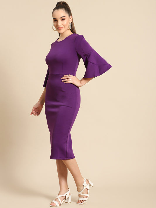 Elegant Purple Bodycon Midi Dress for Women with Flared Sleeves – Party & Office Wear