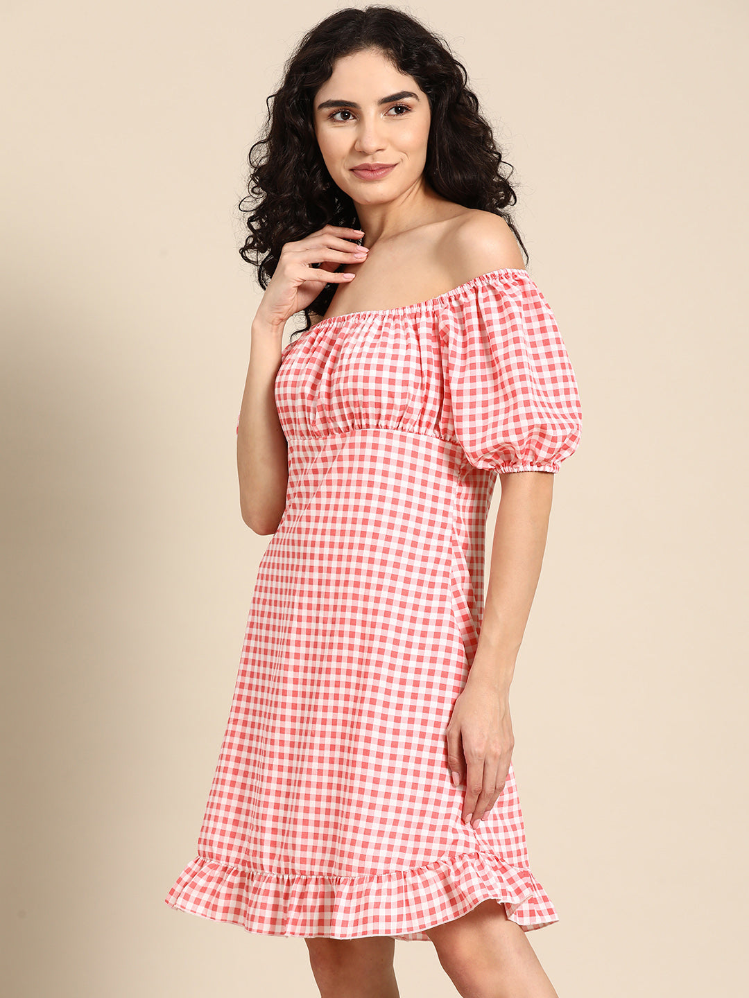 Pink Checks Print Off-Shoulder Dress for Women – Puff Sleeves & Ruffle Hem Summer Outfit