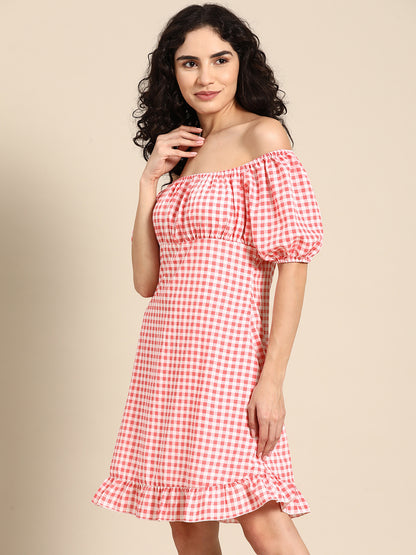 Pink Checks Print Off-Shoulder Dress for Women – Puff Sleeves & Ruffle Hem Summer Outfit