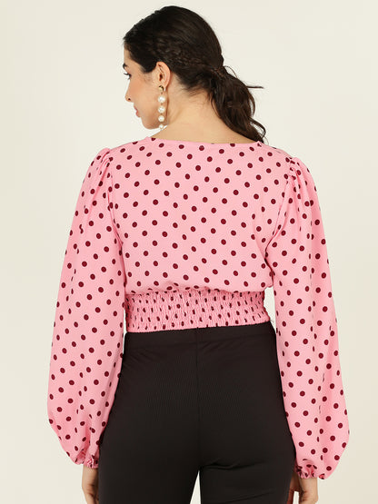 Pink Polka Dot Ruched Crop Top for Women – V-Neck Long Sleeve Puff Top