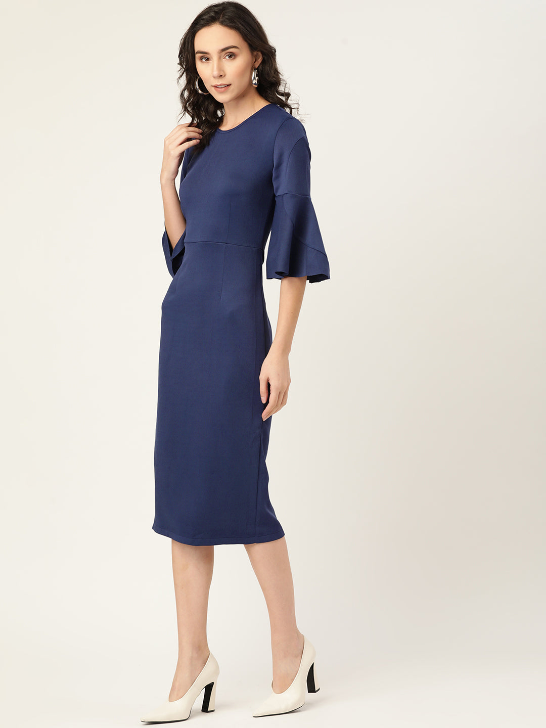 Navy Blue Bell Sleeve Bodycon Midi Dress for Women