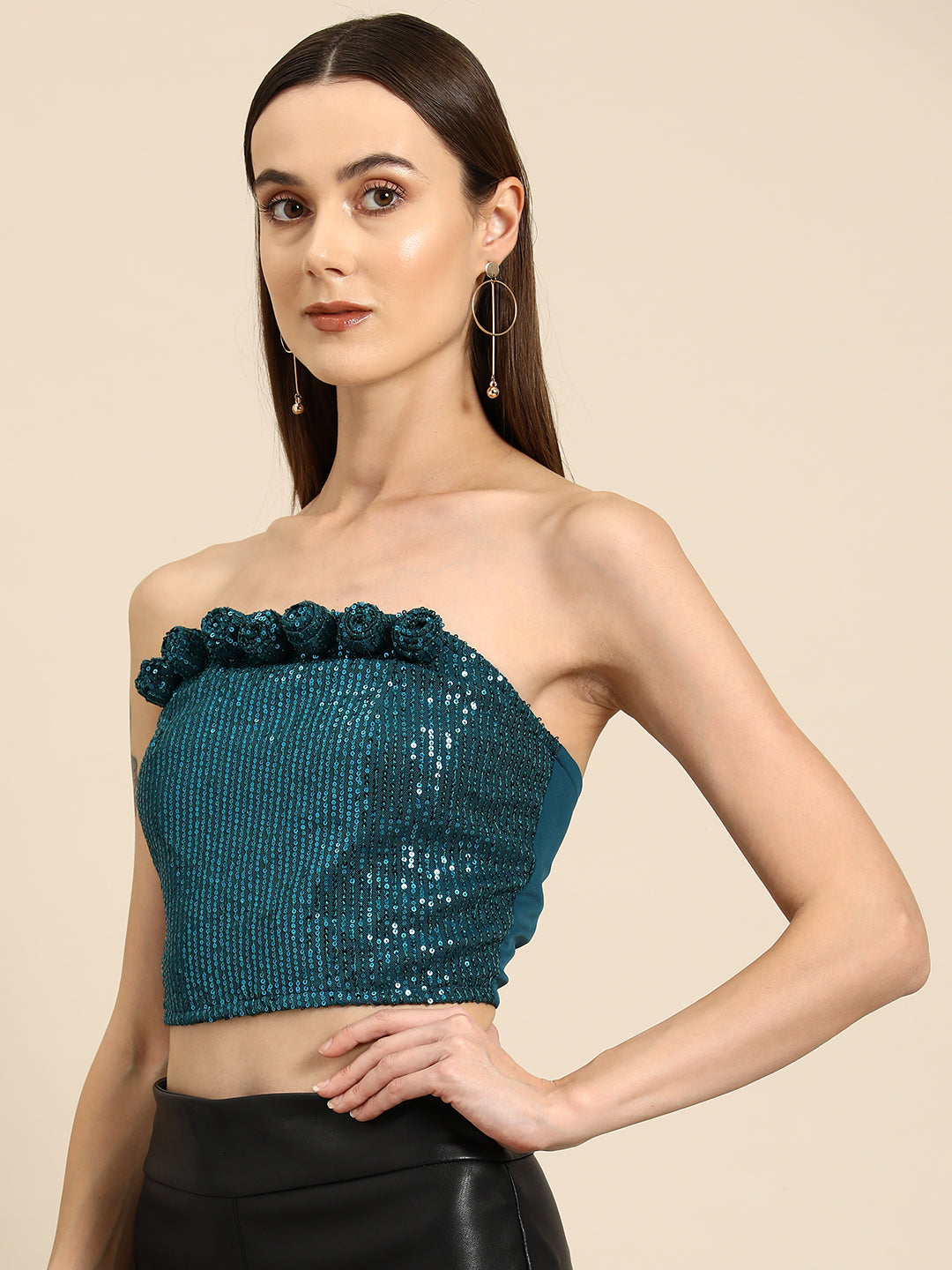 Teal Sequin Strapless Crop Top with Floral Detailing for Women