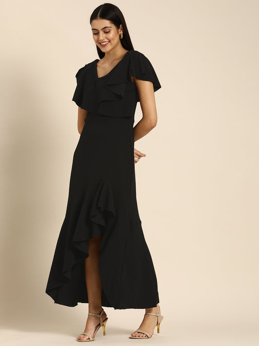 Black Ruffle Sleeve High Low Maxi Dress