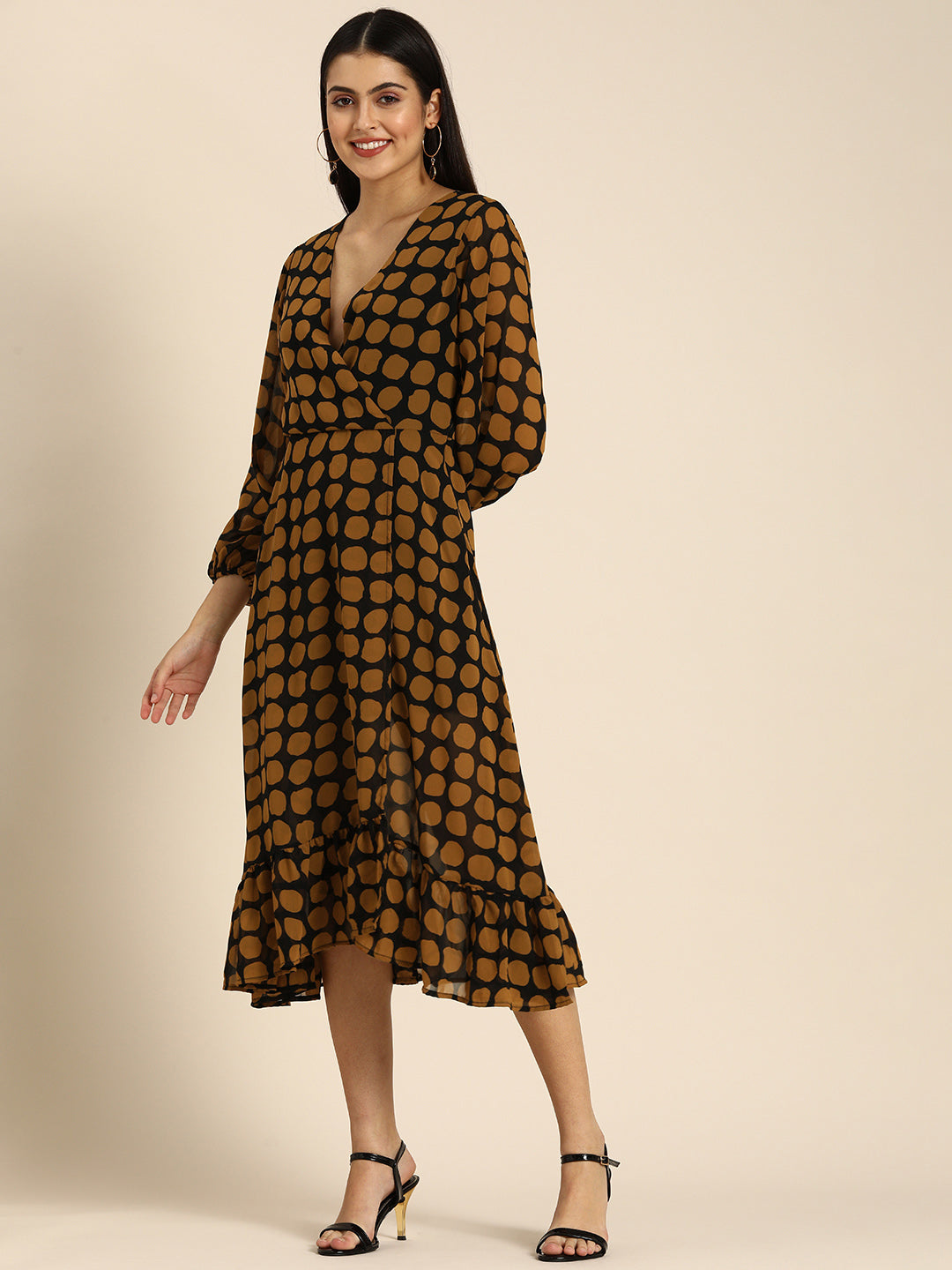 Brown Polka Dot Wrap Dress with Ruffle Hem