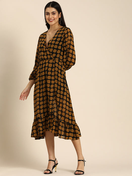 Brown Polka Dot Wrap Dress with Ruffle Hem
