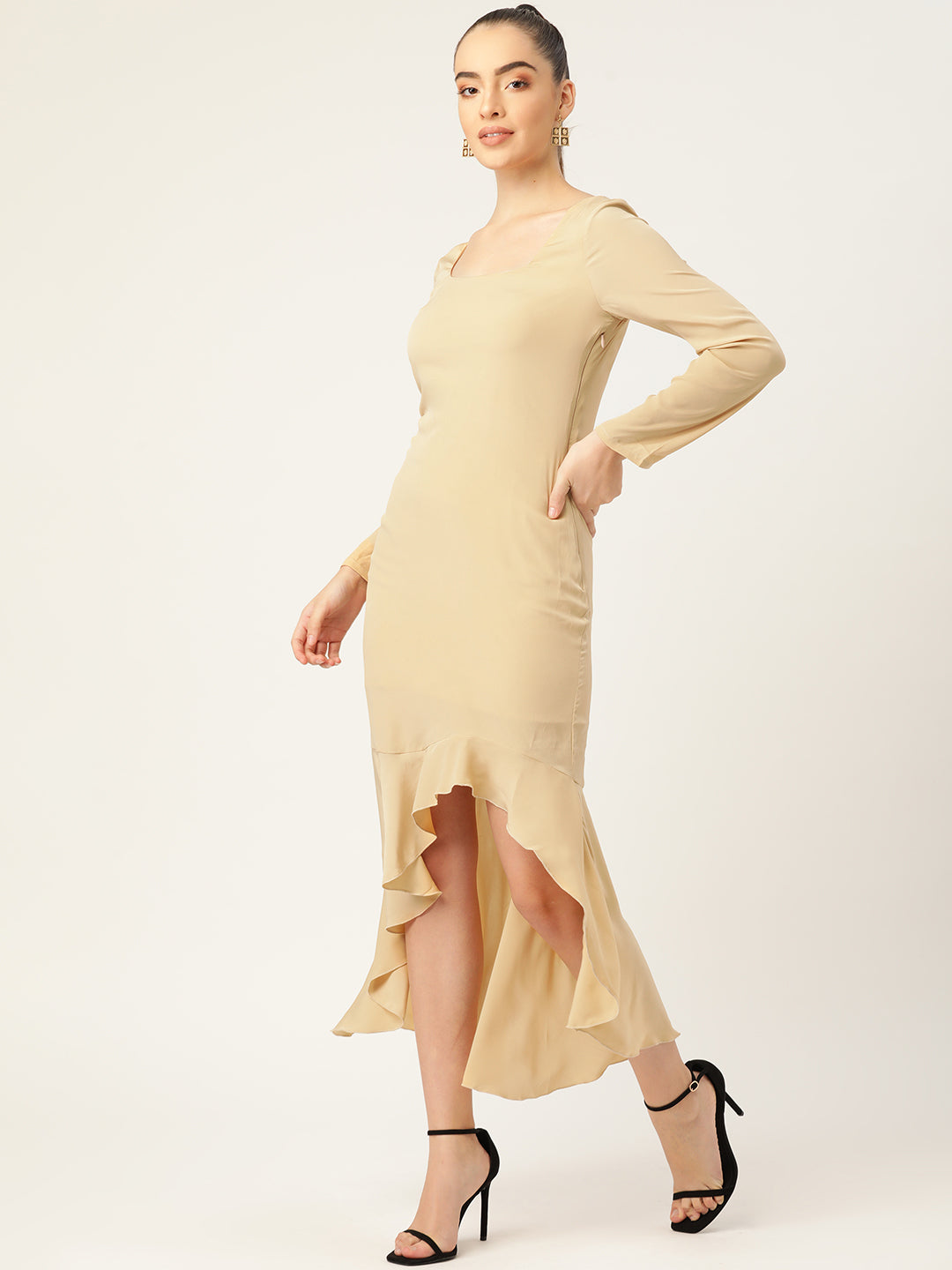 Women Beige High-Low Ruffle Hem Long Sleeve Dress