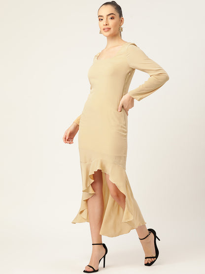 Women Beige High-Low Ruffle Hem Long Sleeve Dress