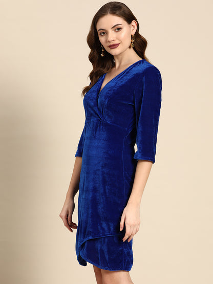 Royal Blue Velvet Wrap Dress for Women – Elegant Party Wear with V-Neck & Asymmetric Hem
