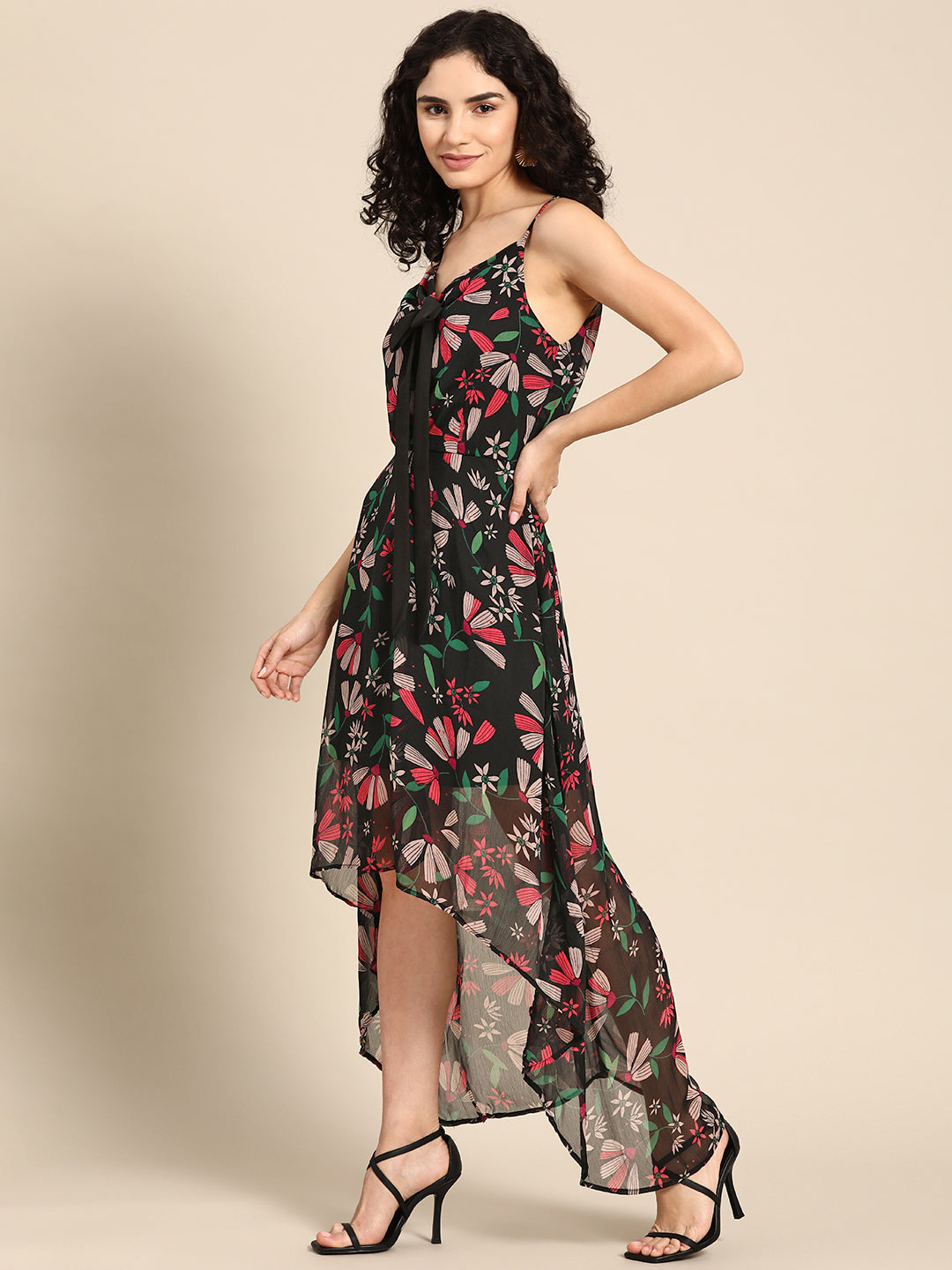 Black Floral High-Low Dress for Women Spaghetti Strap Asymmetric Hem Dress with Bow Detail