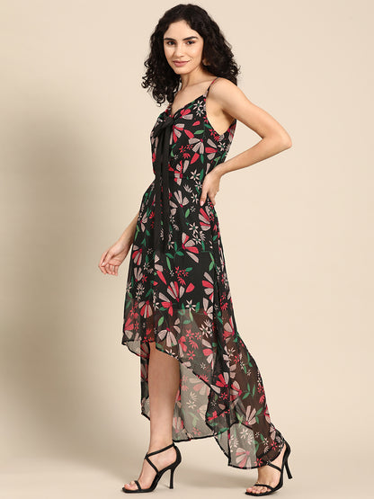 Black Floral High-Low Dress for Women Spaghetti Strap Asymmetric Hem Dress with Bow Detail