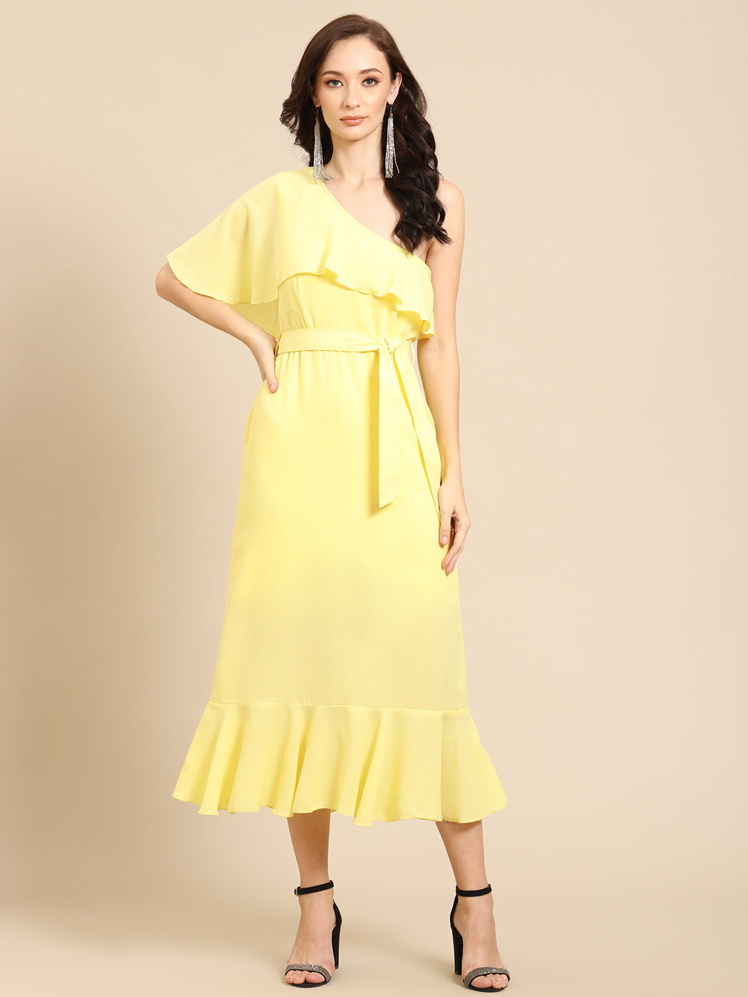 Elegant Yellow One Shoulder Ruffle Midi Dress for Women