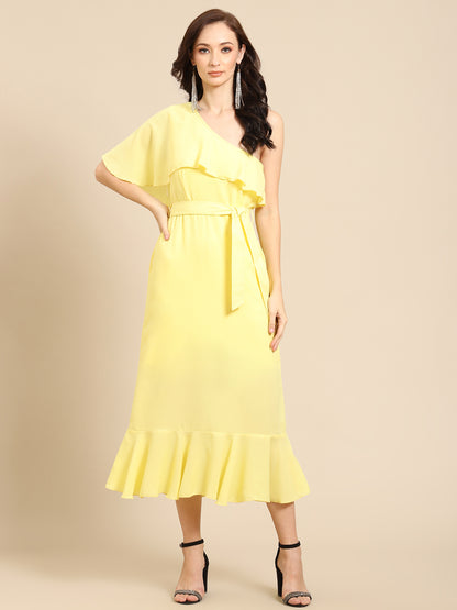Elegant Yellow One Shoulder Ruffle Midi Dress for Women