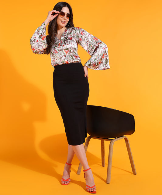 Floral Satin Button-Down Top with Flared Sleeves – Casual & Office Wear
