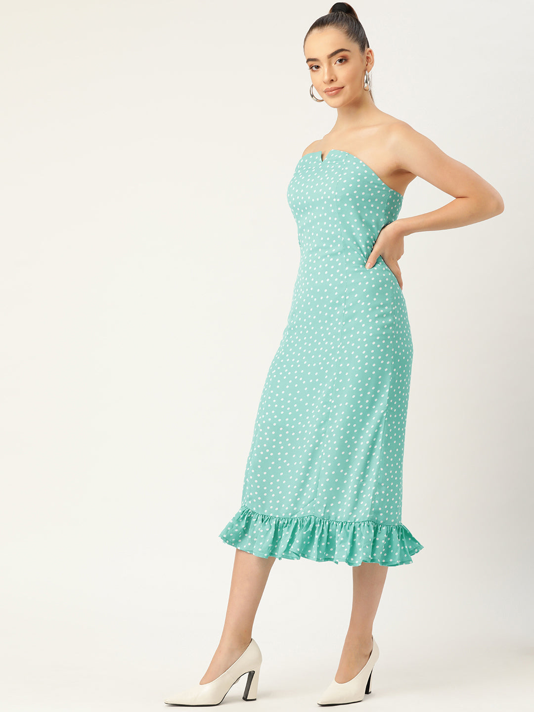 Elegant Mint Green Polka Dot Strapless Midi Dress with Ruffle Hem