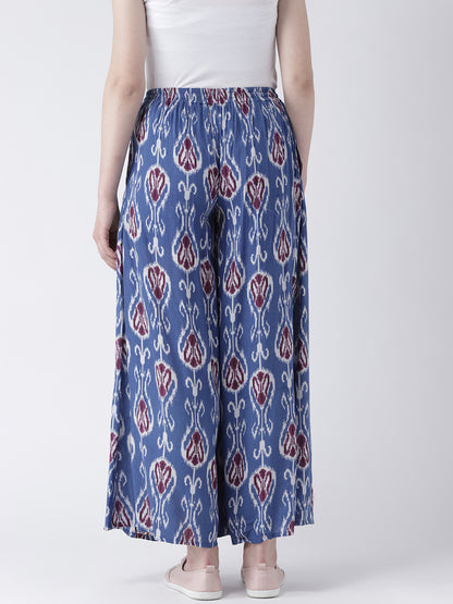 Women's Indigo Blue Ikat Printed Wide-Leg Trousers – Casual Ethnic Cotton Pants