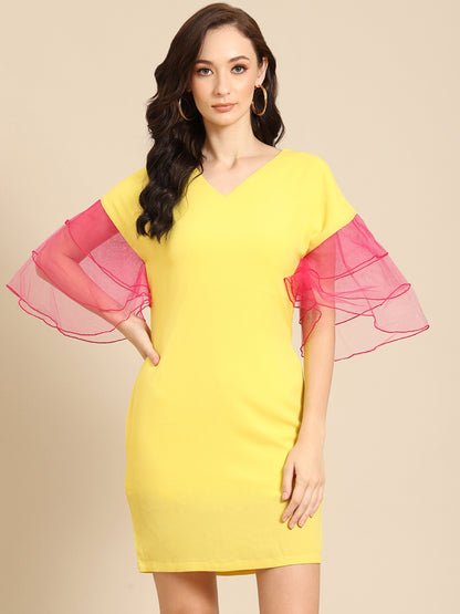 Stylish Yellow Dress with Sheer Pink Ruffle Sleeves – Trendy Summer Wear for Women
