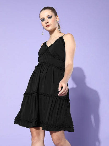 Black Tiered Ruffle Dress Sleeveless V-Neck Flowy Mini for Effortless Glam