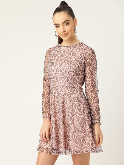 Trendy Animal Print Mesh Mini Dress for Women – Long Sleeve Party Wear Skater Dress