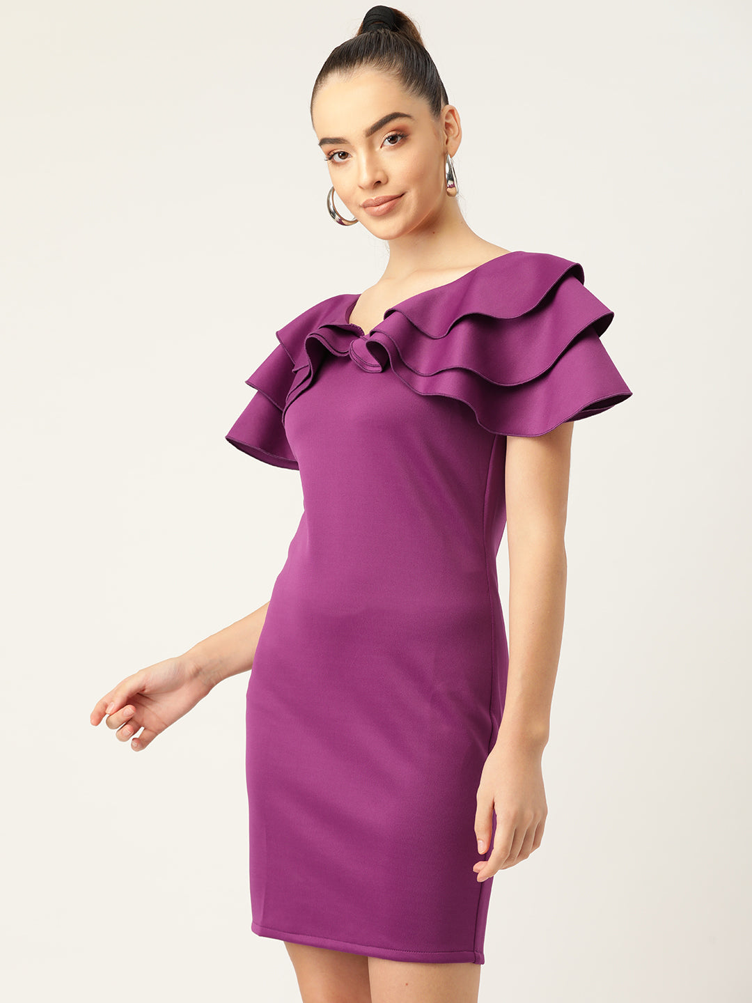 Purple Ruffle Sleeve Bodycon Mini Dress for Women
