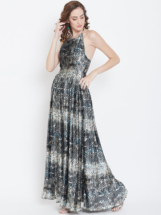 Shimmer Pleated Halter Neck Maxi Dress for Evening Glam