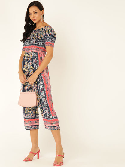 Navy Blue Paisley Print Off-Shoulder Jumpsuit – Boho Style Casual Wear