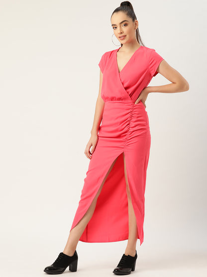 Coral Pink Ruched Wrap Midi Dress for Women – V-Neck Slit Dress for Party & Casual Wear