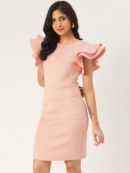 Pink Ruffle Sleeve Bodycon Dress for Women | Elegant Short Dress for Parties