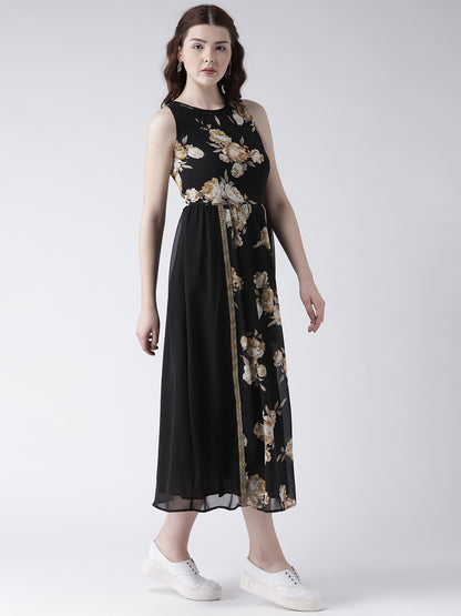 Women's Black Floral Print Sleeveless Flared Maxi Dress with Gold Border