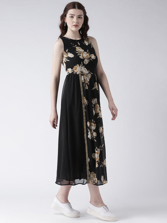 Women's Black Floral Print Sleeveless Flared Maxi Dress with Gold Border