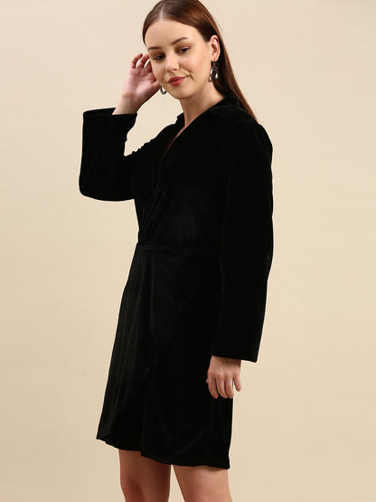 Black Velvet Wrap Dress - Long Sleeve, V-Neck, Elegant Fit