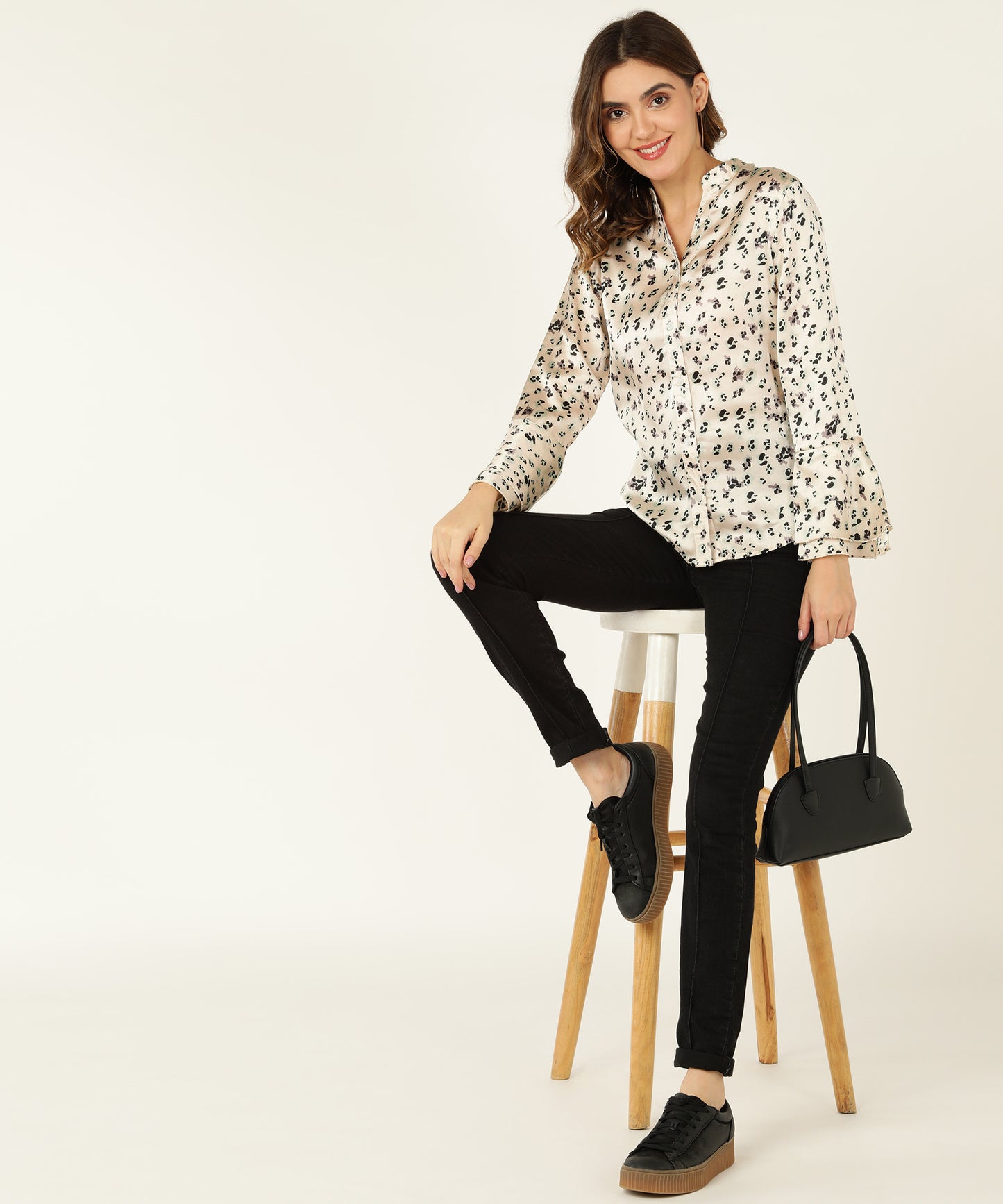 Women's Cream Satin Animal Print Shirt with Flared Sleeves