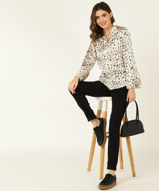 Women's Cream Satin Animal Print Shirt with Flared Sleeves