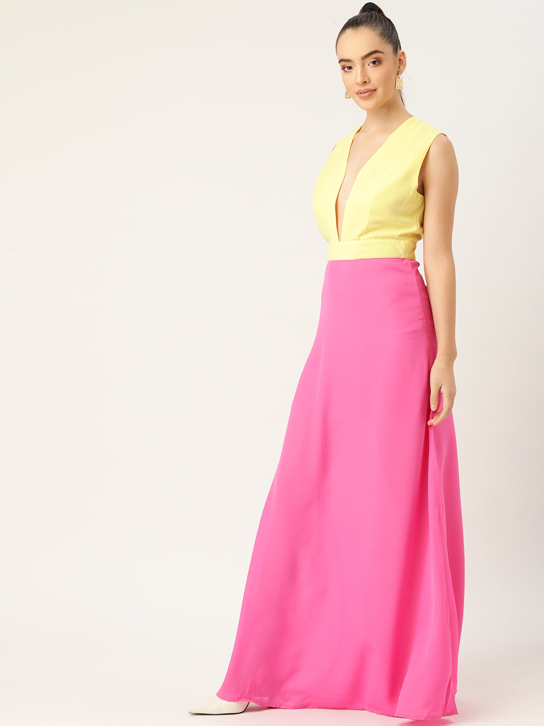 Yellow and Pink Colorblock Sleeveless Maxi Dress for Women
