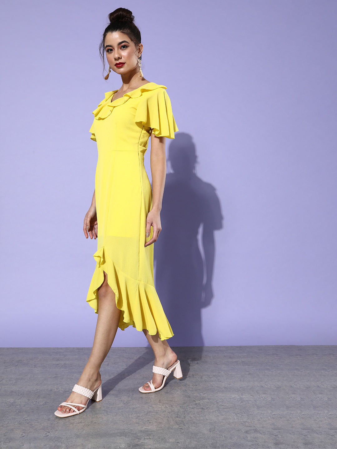Bright Yellow Ruffle Midi Dress for Women Elegant & Flowy Summer Style