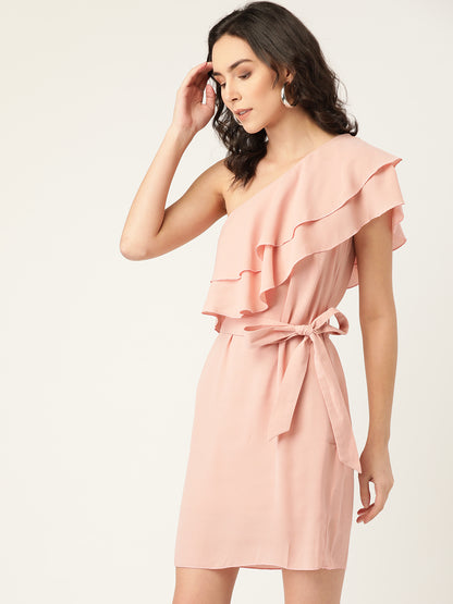 Peach One Shoulder Ruffle Mini Dress for Women