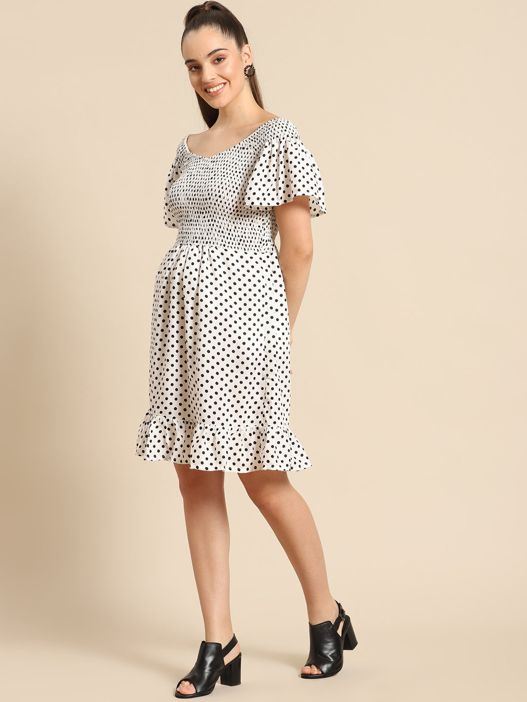 White Polka Dot Smocked Mini Dress for Women | Off Shoulder Ruffle Hem