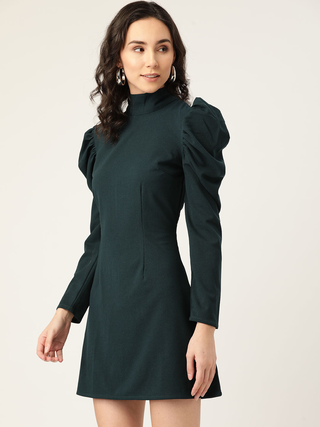 Dark Green High Neck Puff Sleeve Mini Dress