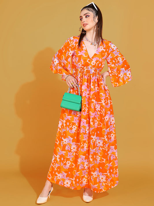 Women's Orange Floral Print Maxi Dress with V-Neck and Flared Sleeves