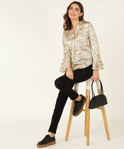 Women's Beige Satin Floral Print Shirt with Flared Sleeves