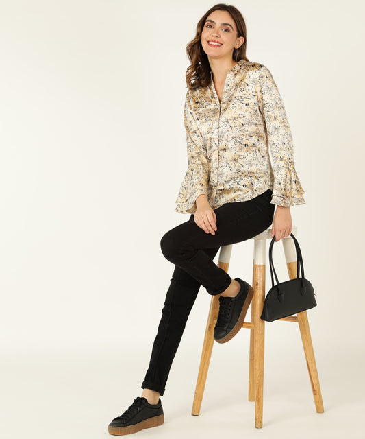 Women's Beige Satin Floral Print Shirt with Flared Sleeves