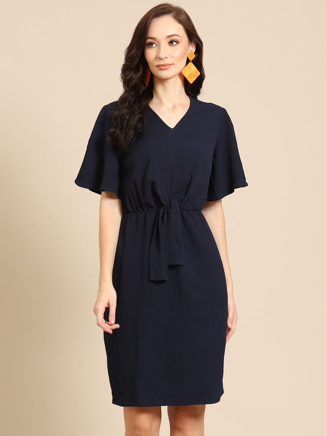 Elegant Black Knee-Length Dress for Women | V-Neck Tie-Waist Casual Dress