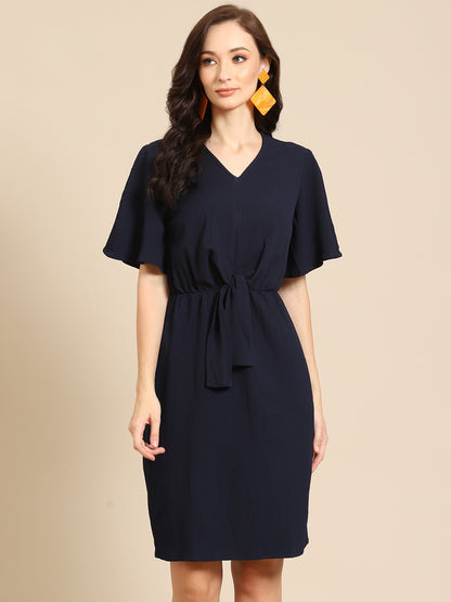 Elegant Black Knee-Length Dress for Women | V-Neck Tie-Waist Casual Dress