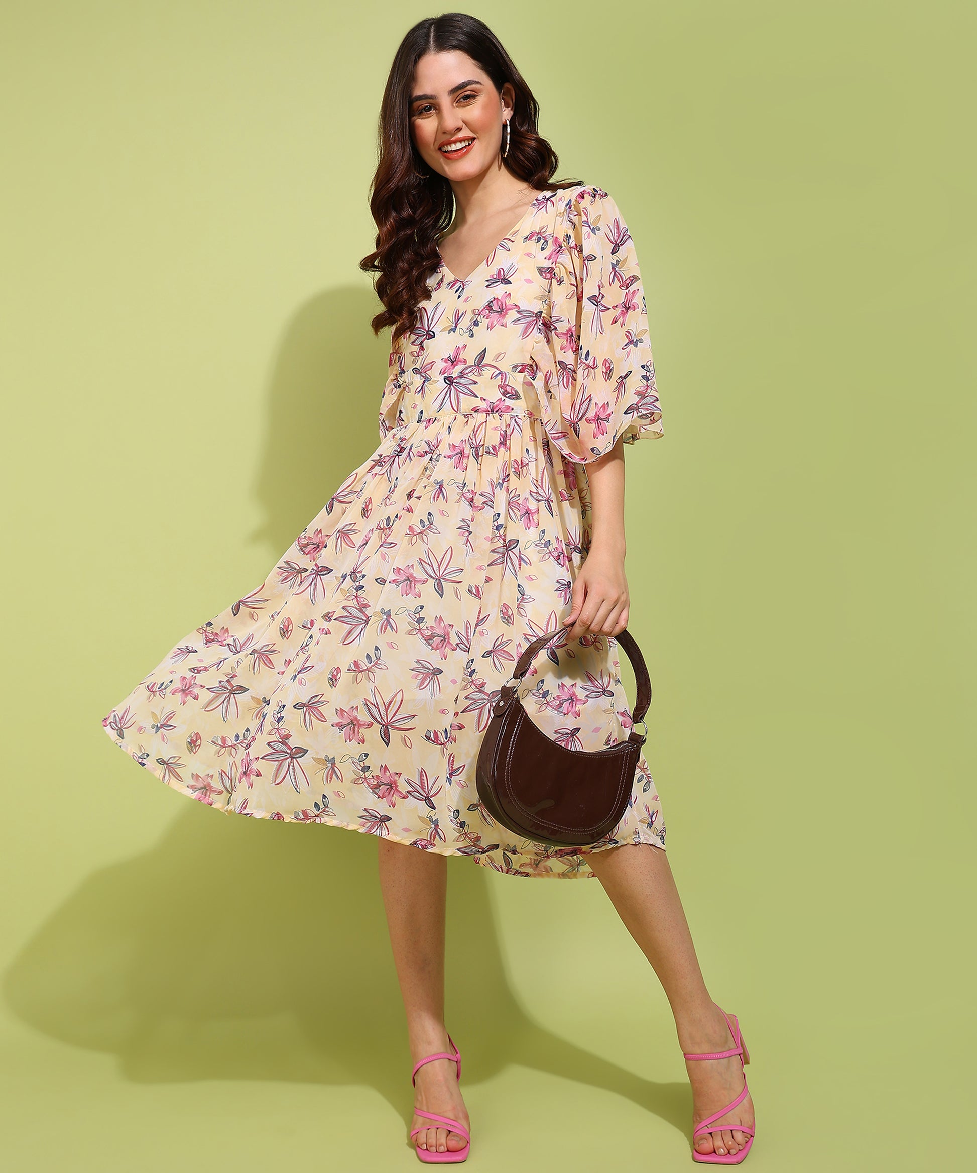Women's Yellow Floral Midi Dress Light & Flowy Summer Outfit M Women's Yellow Floral Midi Dress Light & Flowy Summer Outfit M